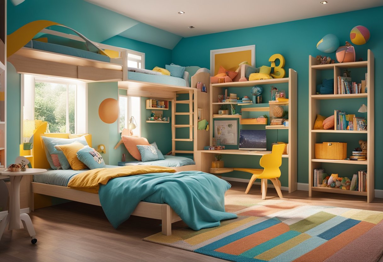 A colorful kids' bedroom with bunk beds, a play area, and a bookshelf filled with toys and books. Brightly painted walls and a cozy rug complete the fun and inviting space