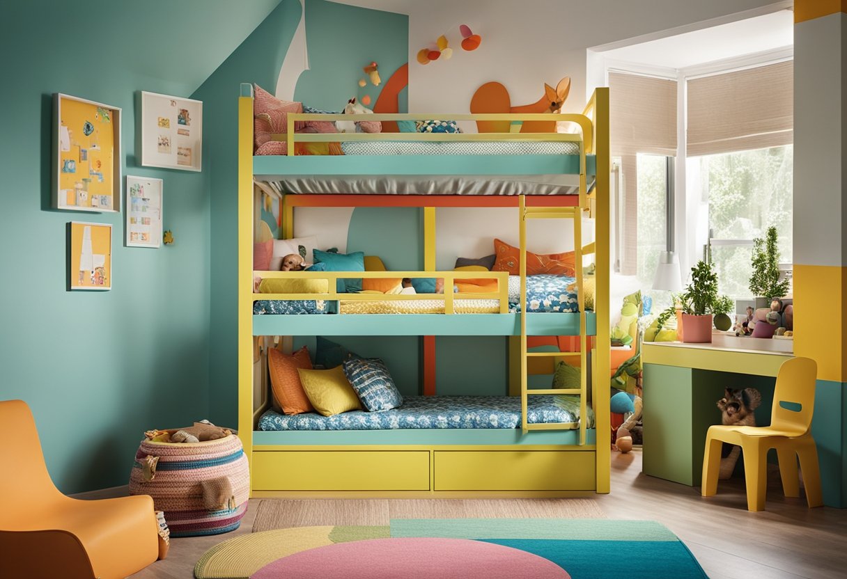 A colorful and playful kids' bedroom with bunk beds, storage solutions, and a designated play area. Bright, cheerful colors and whimsical decorations create a fun and functional space for children to enjoy