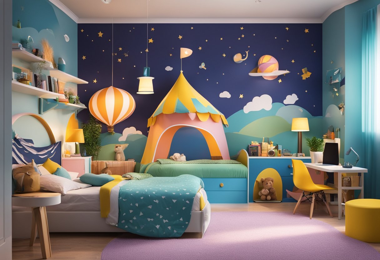 A colorful kids bedroom with a playful theme, featuring vibrant wall decals, whimsical furniture, and a cozy reading nook