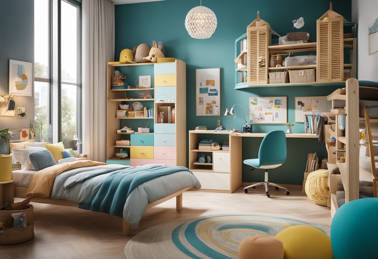 A colorful, organized kids bedroom with bunk beds, a study area, and playful decor. Bright, gender-neutral colors and plenty of storage options