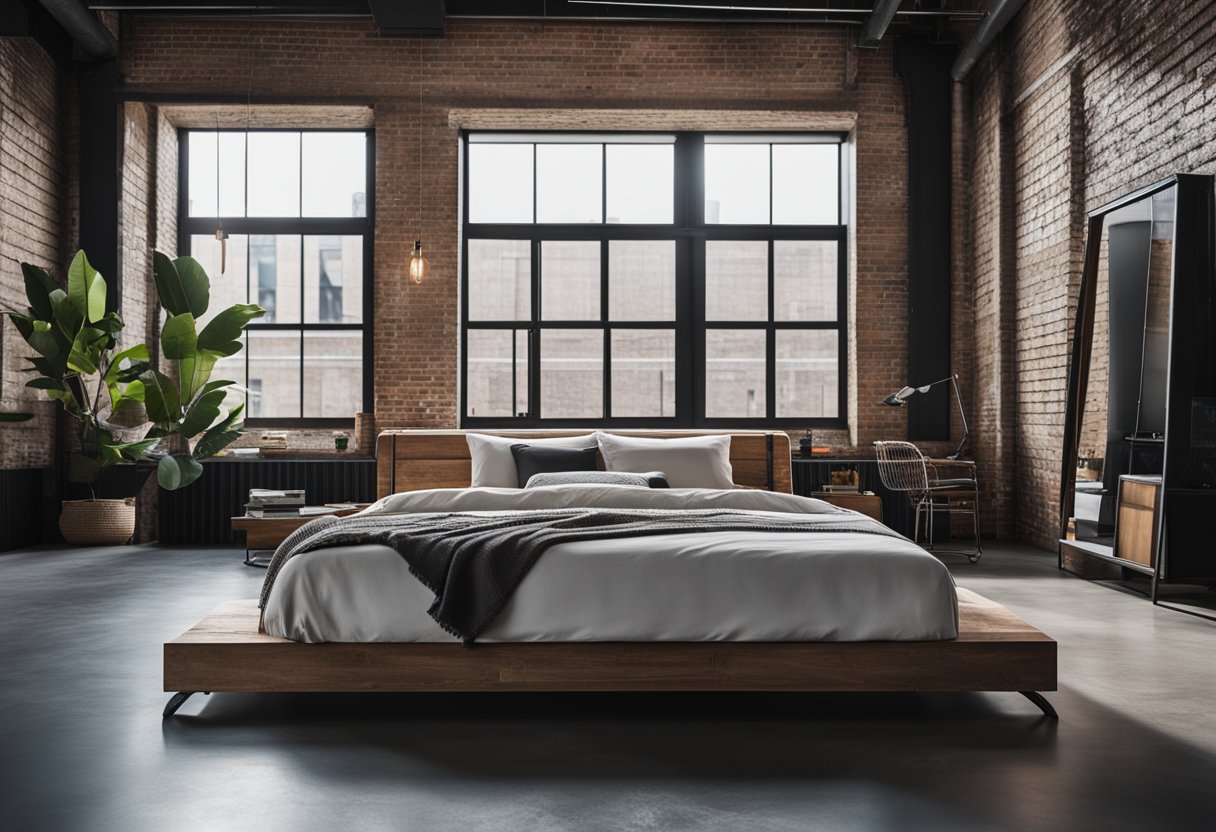 An industrial bedroom with exposed brick, metal bed frame, concrete floors, and minimalistic furniture