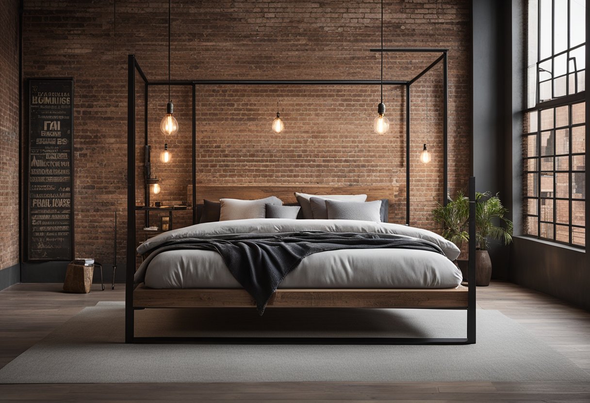 An industrial bedroom with exposed brick walls, metal accents, and minimalist furniture. A large, weathered wood bed frame sits against the wall, with industrial-style lighting fixtures overhead