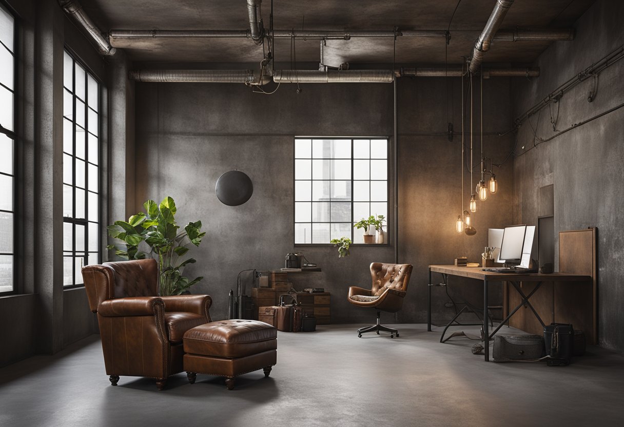 The industrial bedroom features metal accents, exposed pipes, and concrete walls. A hanging Edison bulb light fixture illuminates the space, while a distressed leather armchair adds a touch of rugged charm