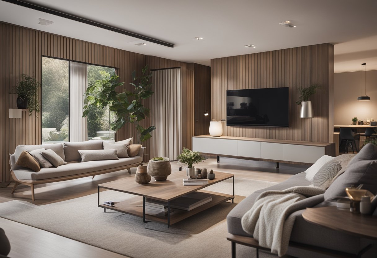 A modern living room seamlessly transitions into a cozy bedroom with minimalist design elements and a neutral color palette