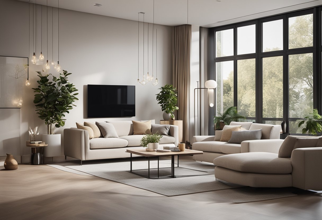 A spacious living room with a cozy bedroom area. Modern furniture, neutral color palette, and natural lighting. Open layout with a large window and a comfortable seating area