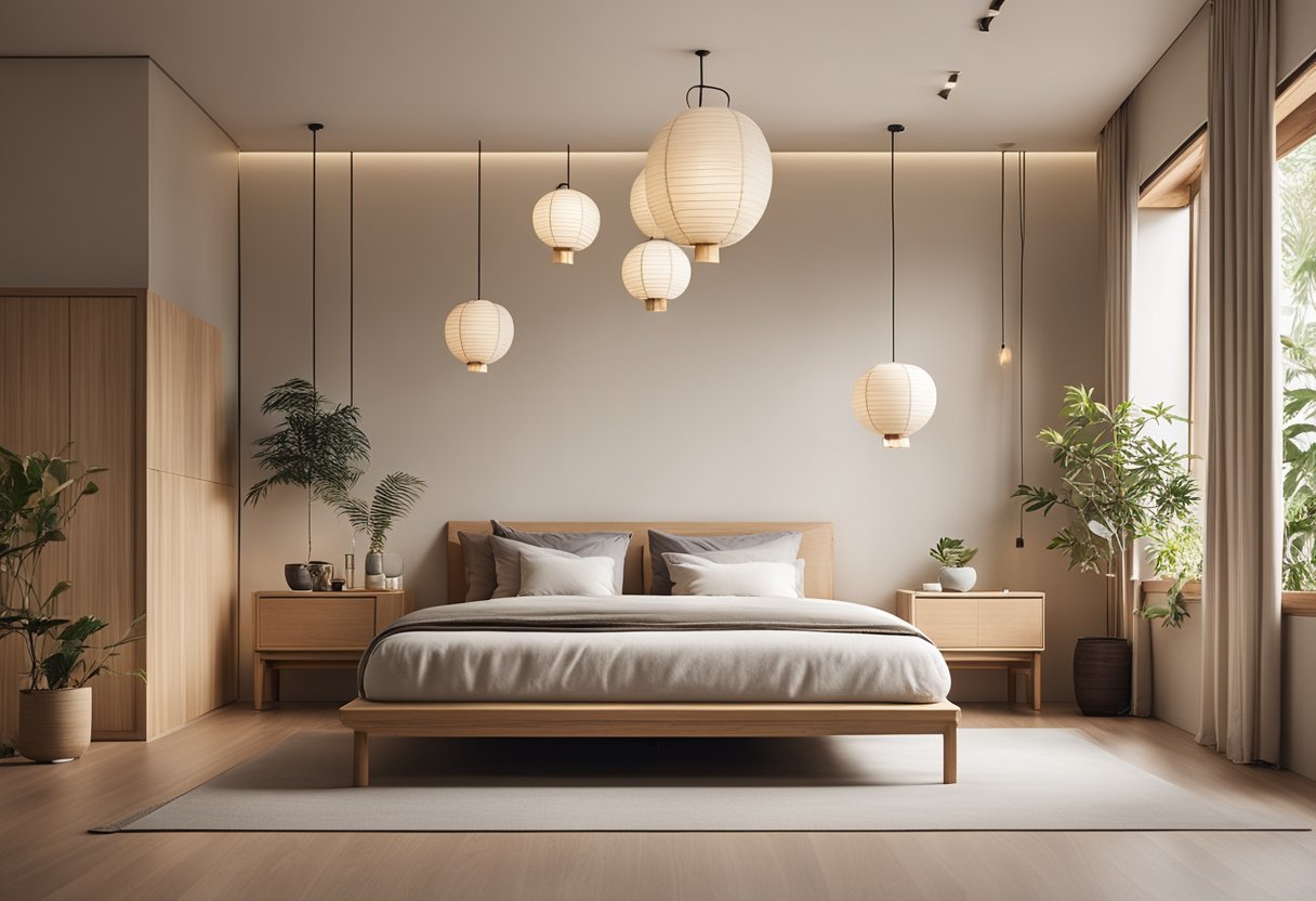 A minimalist Japandi bedroom with low platform bed, neutral color palette, paper lanterns, and natural wood furniture