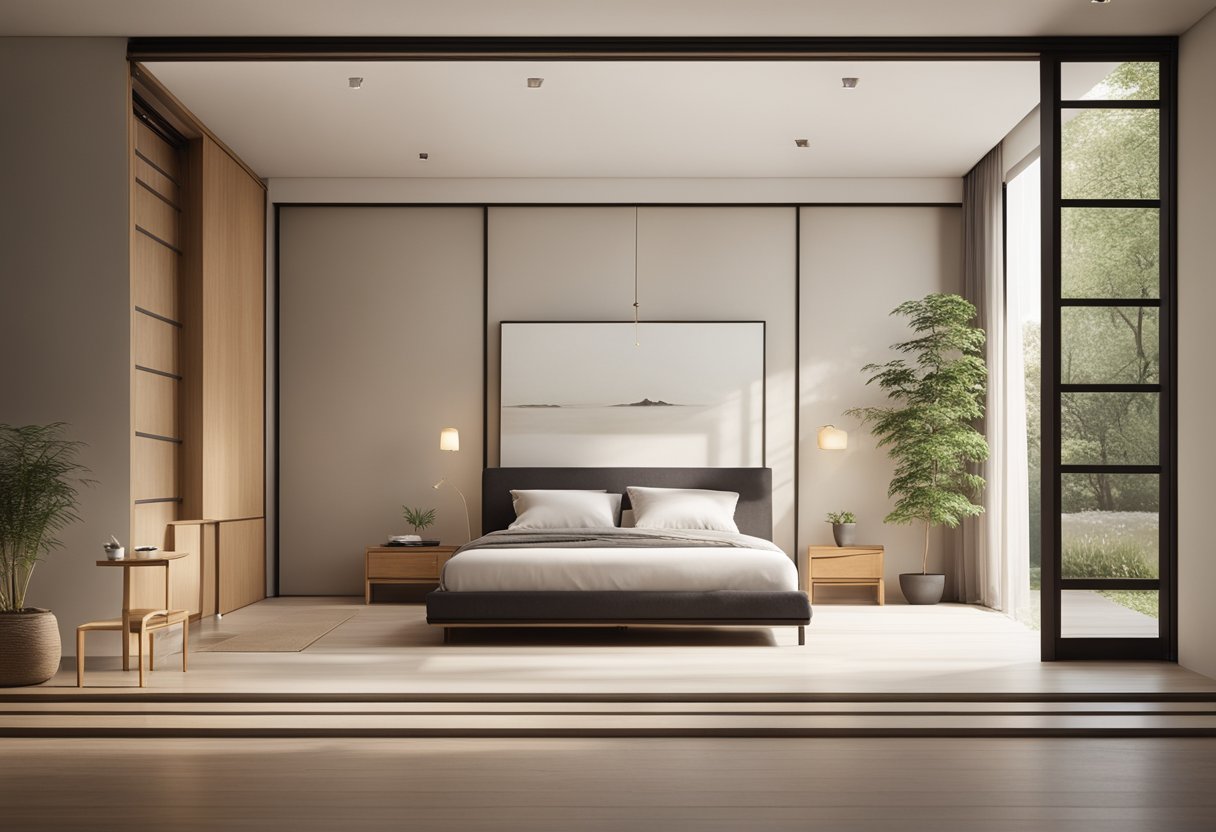 A minimalist bedroom with neutral colors, low platform bed, natural materials, and simple, clean lines. A shoji screen or sliding doors lead to a peaceful garden