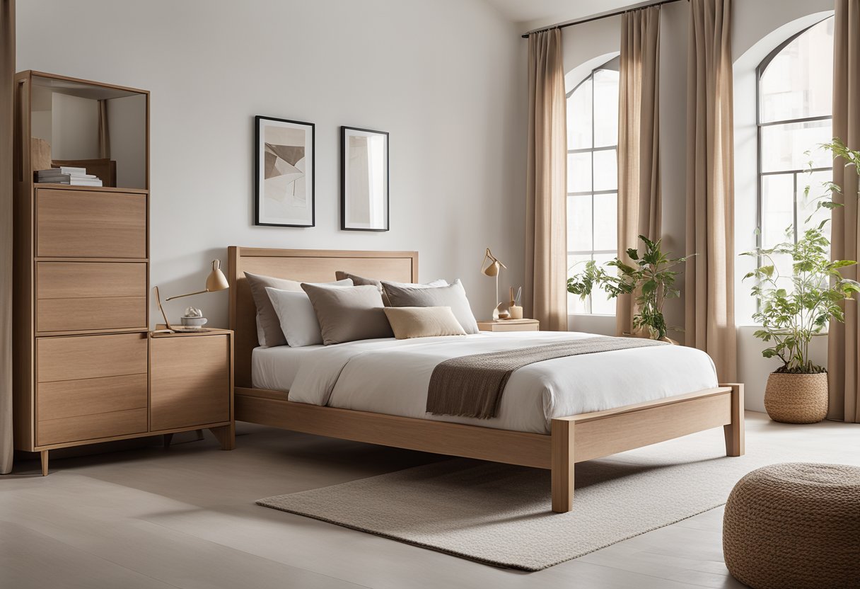 A minimalist bedroom with natural wood furniture, clean lines, and simple yet functional decor. The color palette is neutral with pops of muted earth tones. The space is uncluttered and calming, with an emphasis on practicality and beauty
