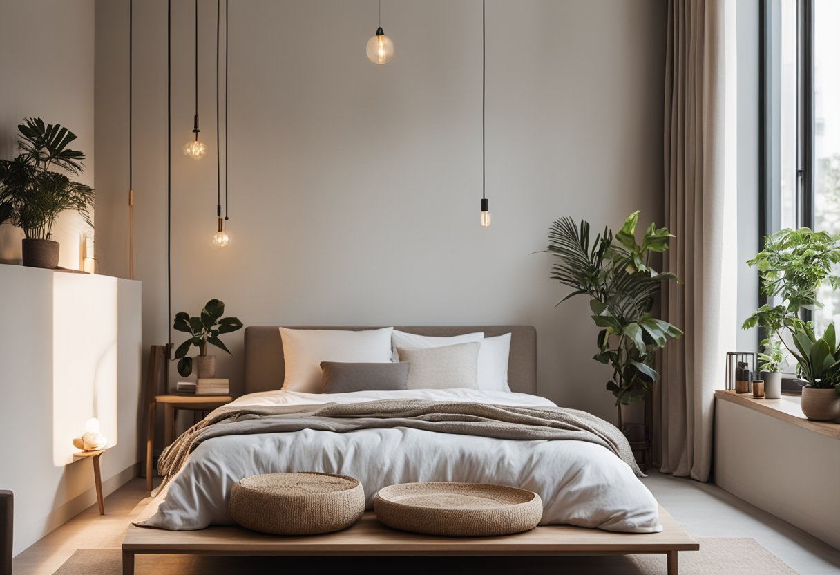A cozy bedroom with minimalistic furniture, neutral colors, and natural materials. A low platform bed with clean lines and a few carefully curated decor pieces