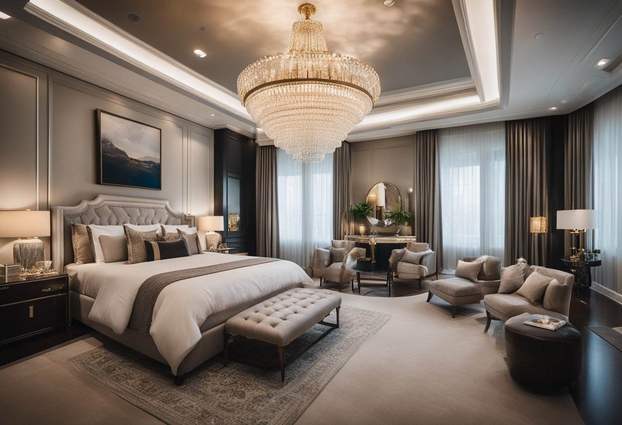 A king-size bed with plush bedding, elegant nightstands, and a chandelier hanging from a high ceiling in a spacious and opulent bedroom