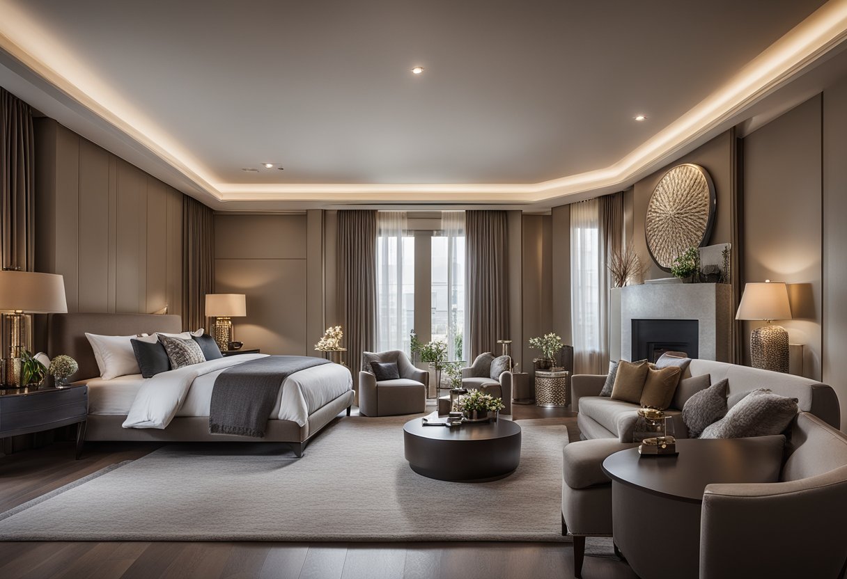 A spacious, elegantly furnished bedroom with a plush king-sized bed, soft ambient lighting, and a cozy sitting area with a fireplace. Rich, neutral tones and luxurious textures create a sophisticated and inviting atmosphere