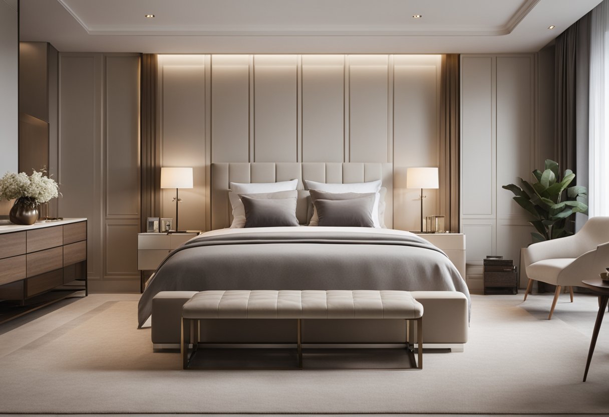 A spacious, well-organized luxury bedroom with minimal clutter. Elegant furniture, soft lighting, and neutral color palette create a serene and sophisticated atmosphere