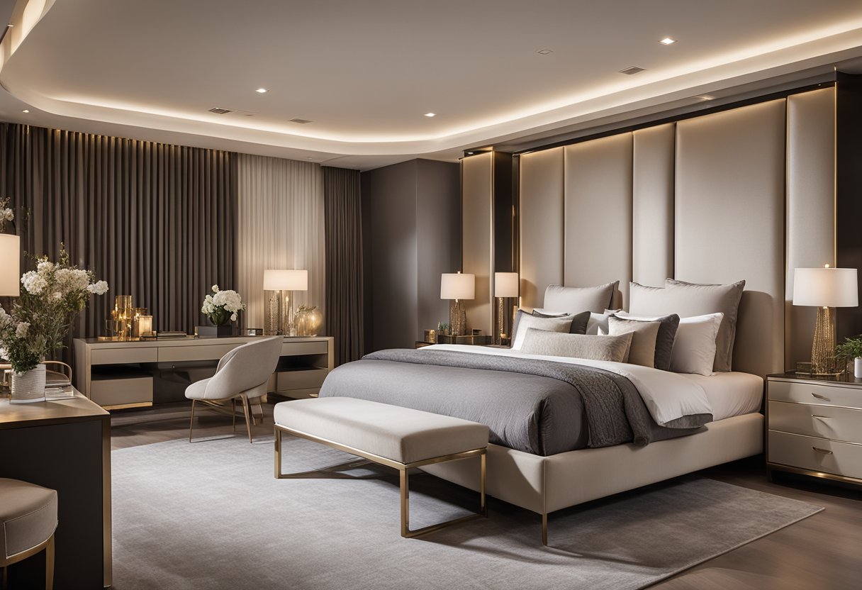 A spacious, modern luxury bedroom with a king-sized bed, elegant furniture, and soft, ambient lighting. The room features a neutral color palette with pops of metallic accents and luxurious textures