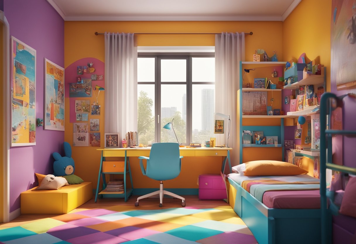 A colorful kids bedroom with a bunk bed, toys scattered on the floor, a bookshelf, and a desk with art supplies. Brightly painted walls with posters and a large window with curtains