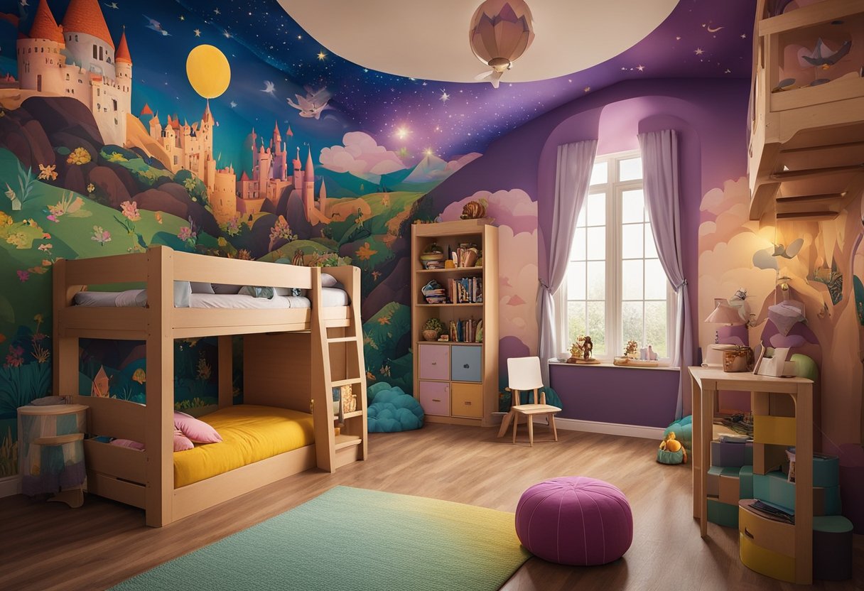 A colorful, whimsical kids' bedroom with a loft bed, play area, and book nook. Brightly painted walls feature a mural of a fantasy world with castles, dragons, and unicorns