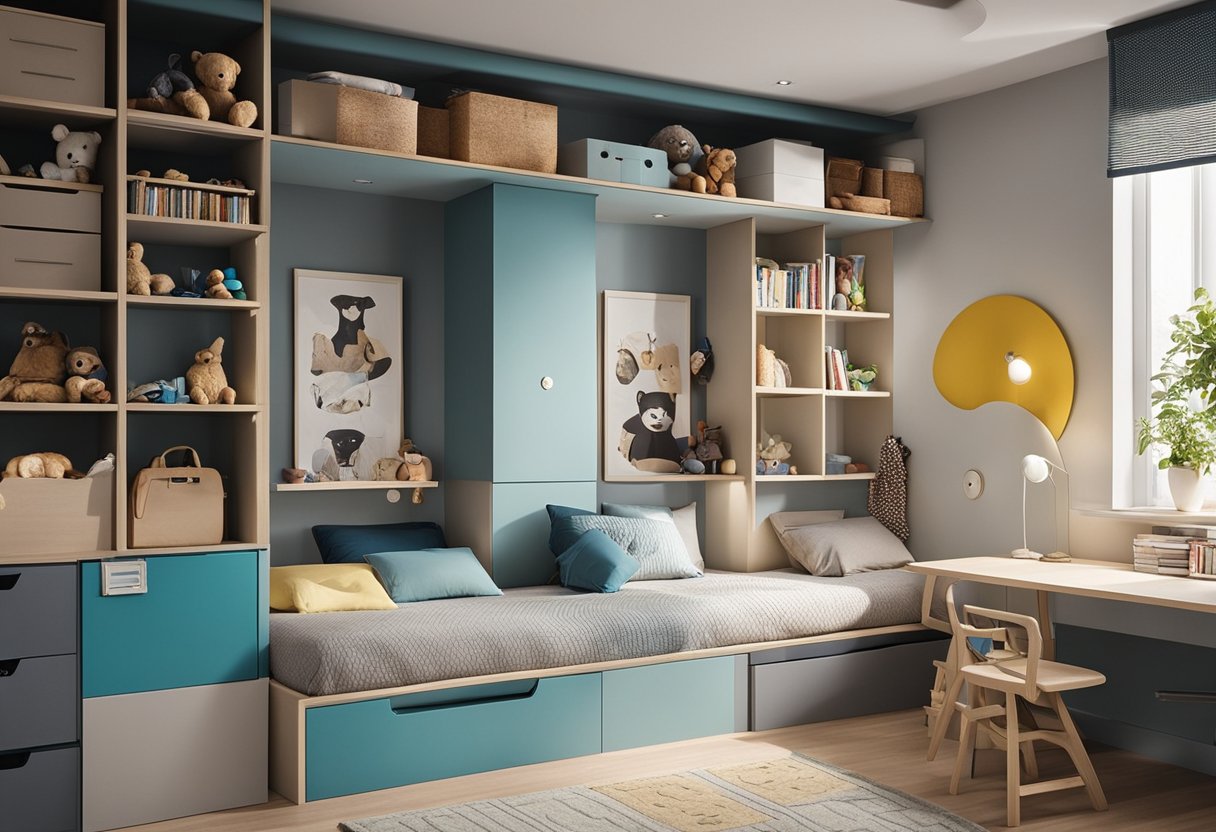 A kids' bedroom with built-in storage units and neatly organized shelves, with toys and books neatly arranged. Clothes are folded and stored in designated spaces, creating a tidy and functional interior design