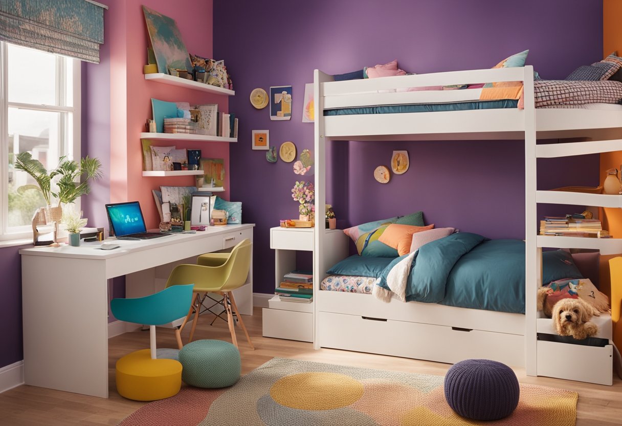A colorful kids bedroom with bunk beds, a cozy reading nook, and a desk for homework. Brightly painted walls and playful decor create a fun and inviting space