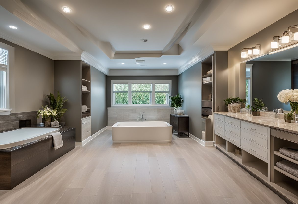 A spacious master suite with a king-size bed, walk-in closet, and ensuite bathroom with a luxurious soaking tub and separate shower