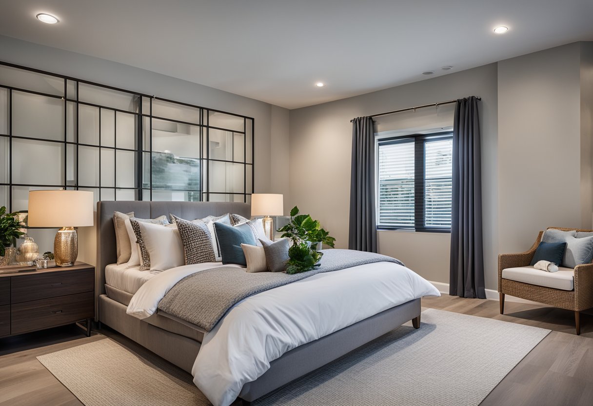 The master bedroom features a spacious layout with a large bed, walk-in closet, and ensuite bathroom. A cozy sitting area is nestled in the corner, and large windows allow natural light to fill the room