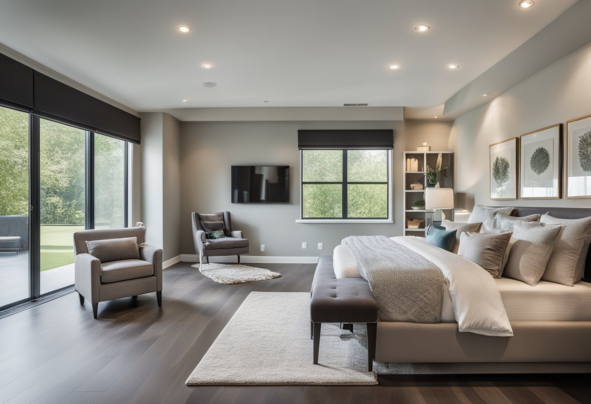 A spacious master bedroom with a king-sized bed, large windows, and a cozy seating area. The room features a walk-in closet and an en-suite bathroom with a luxurious bathtub and separate shower