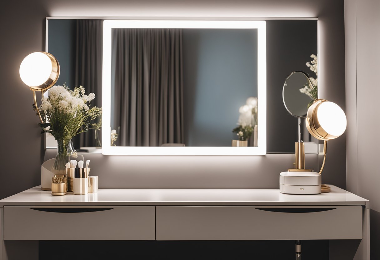 A sleek, modern dressing table with a large mirror, minimalist design, and ample storage space