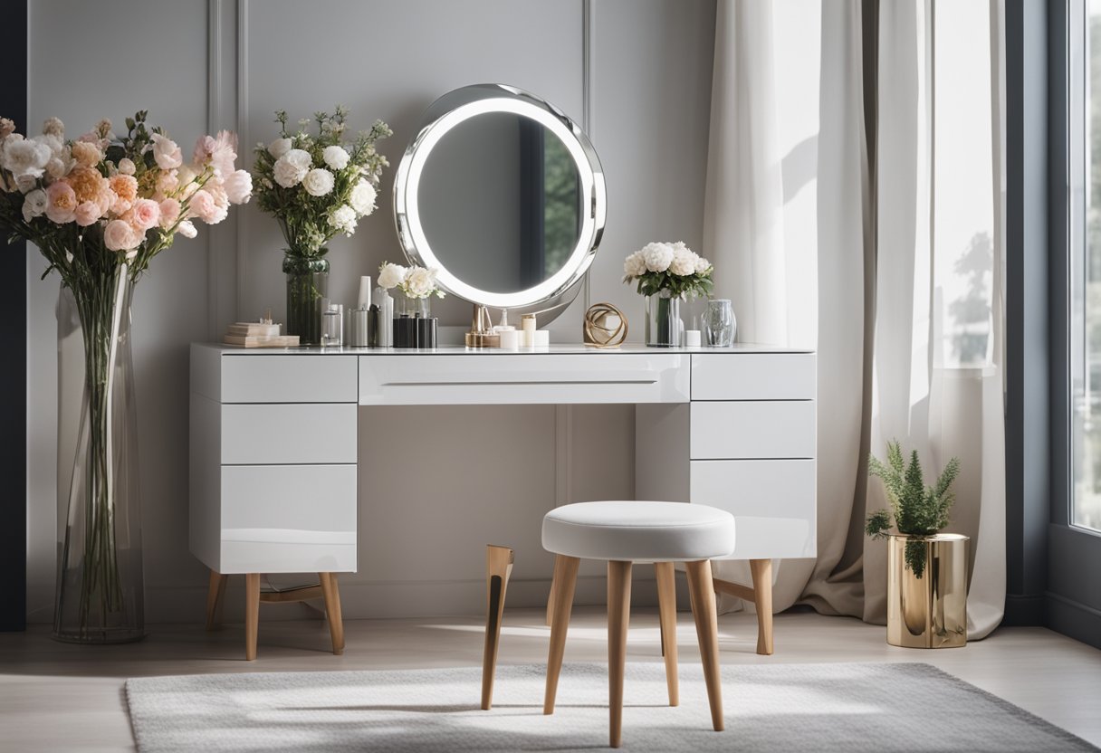 A sleek, minimalist dressing table with clean lines and a mirrored surface. A modern, geometric chair sits beside it, and a vase of fresh flowers adds a pop of color