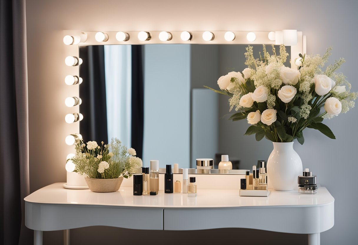 A sleek, modern dressing table sits against a wall, adorned with a mirror and soft lighting. A vase of fresh flowers and a few carefully placed beauty products add a touch of elegance to the scene