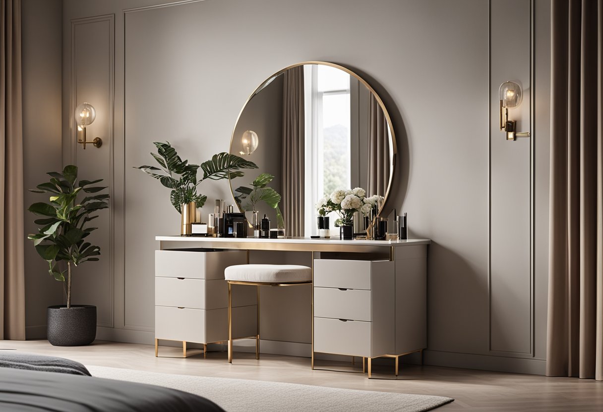 A sleek, modern dressing table with clean lines and ample storage, placed against a stylishly decorated bedroom backdrop