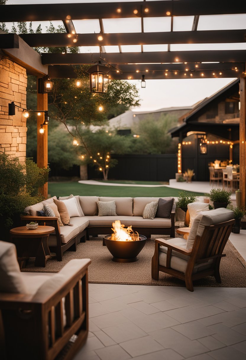 
Cozy seating and lush greenery create a welcoming atmosphere for guests to enjoy in Waco accommodations. The warm glow from crackling fires adds to the ambiance, inviting guests to relax and unwind.