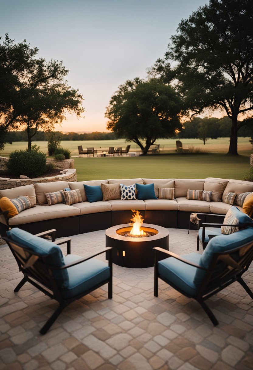 A cozy outdoor setting with comfortable seating arranged around a crackling fire pit, all against the backdrop of the serene Waco landscape.