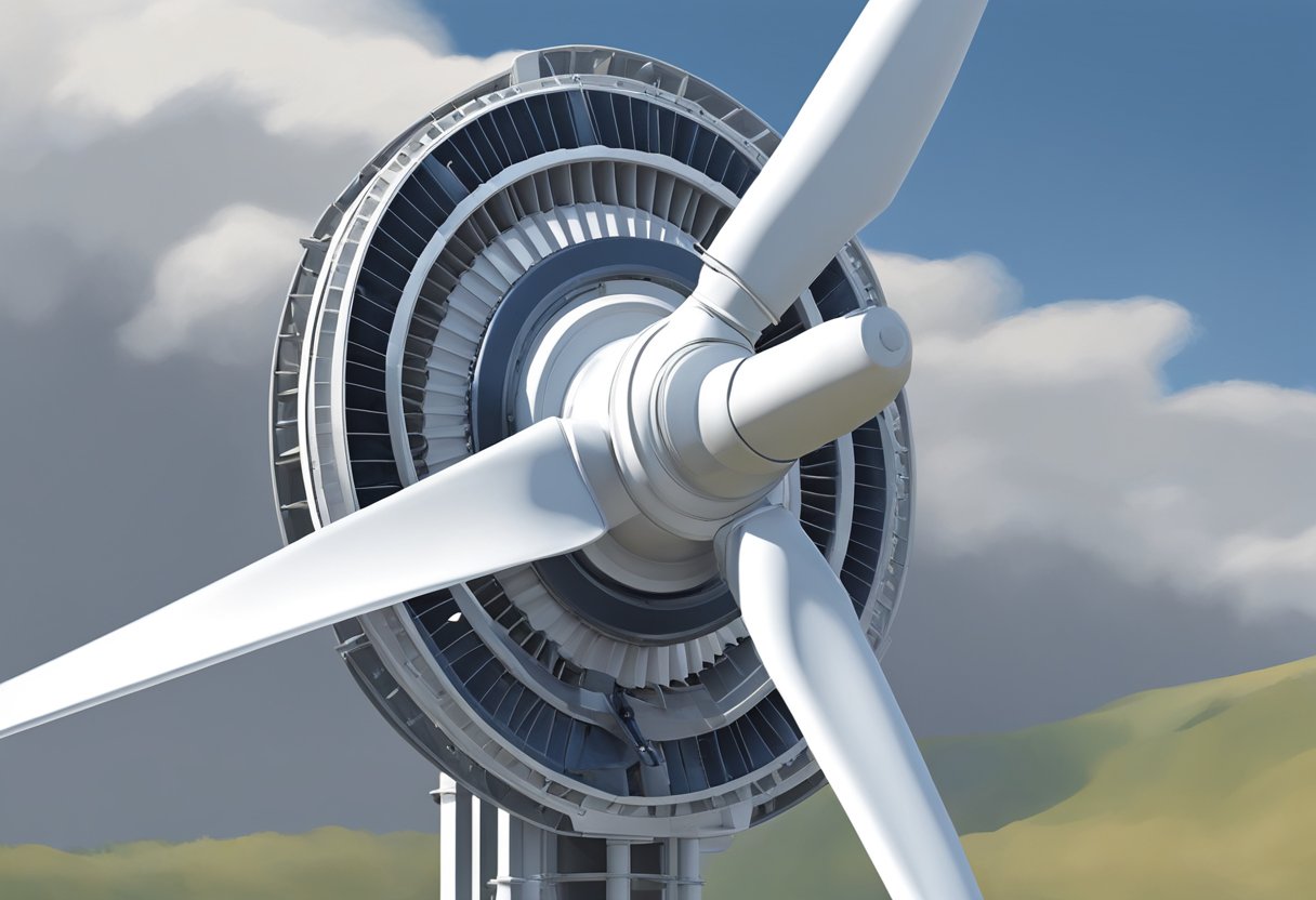 A large wind turbine is supported by a slewing bearing, allowing it to rotate smoothly and efficiently. The bearing is positioned at the base of the turbine, enabling it to harness wind energy