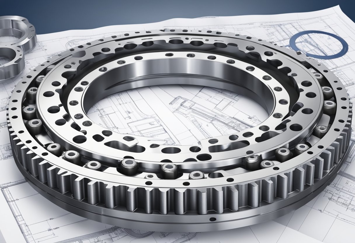 A large slewing bearing ring surrounded by engineering tools and design blueprints