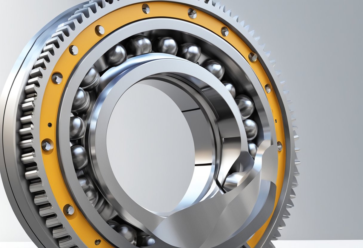 A slewing bearing with internal gear rotates smoothly, supported by ball or roller elements within a circular raceway