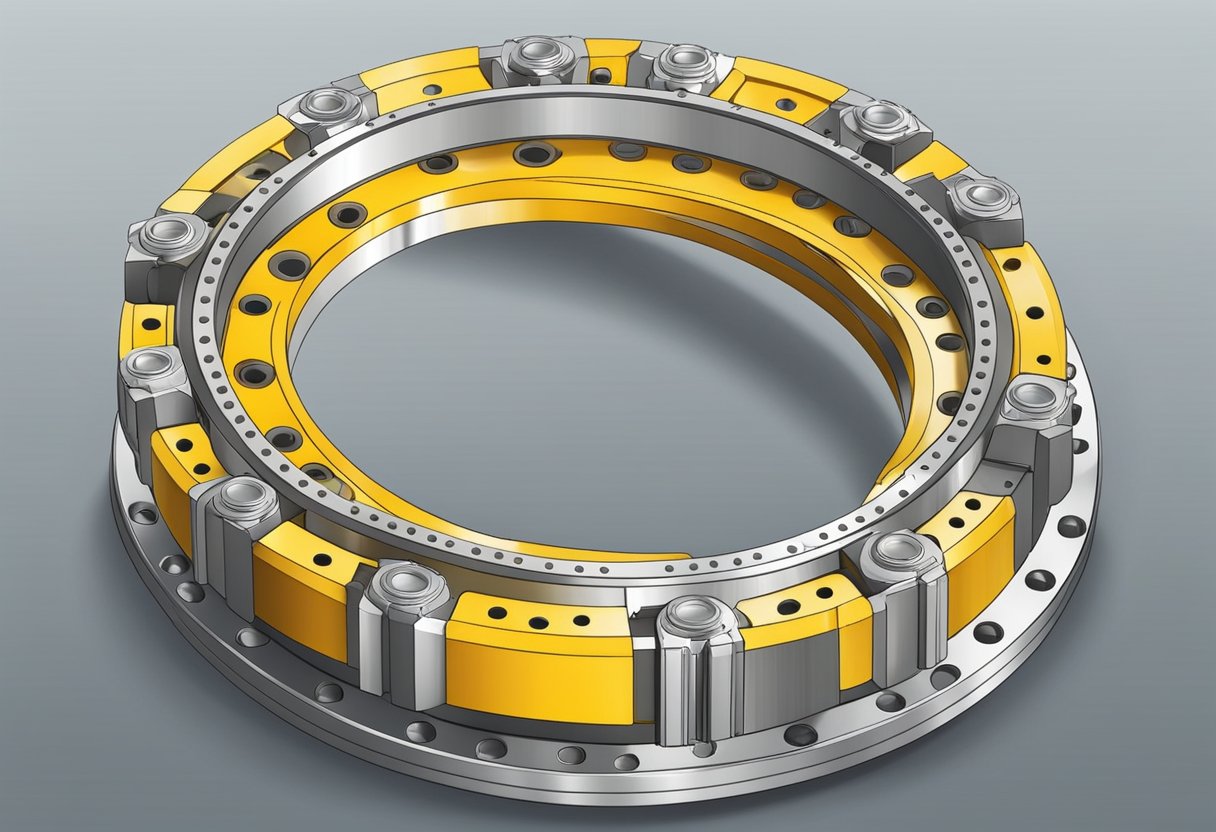 A large slewing bearing rotates smoothly, supporting heavy machinery