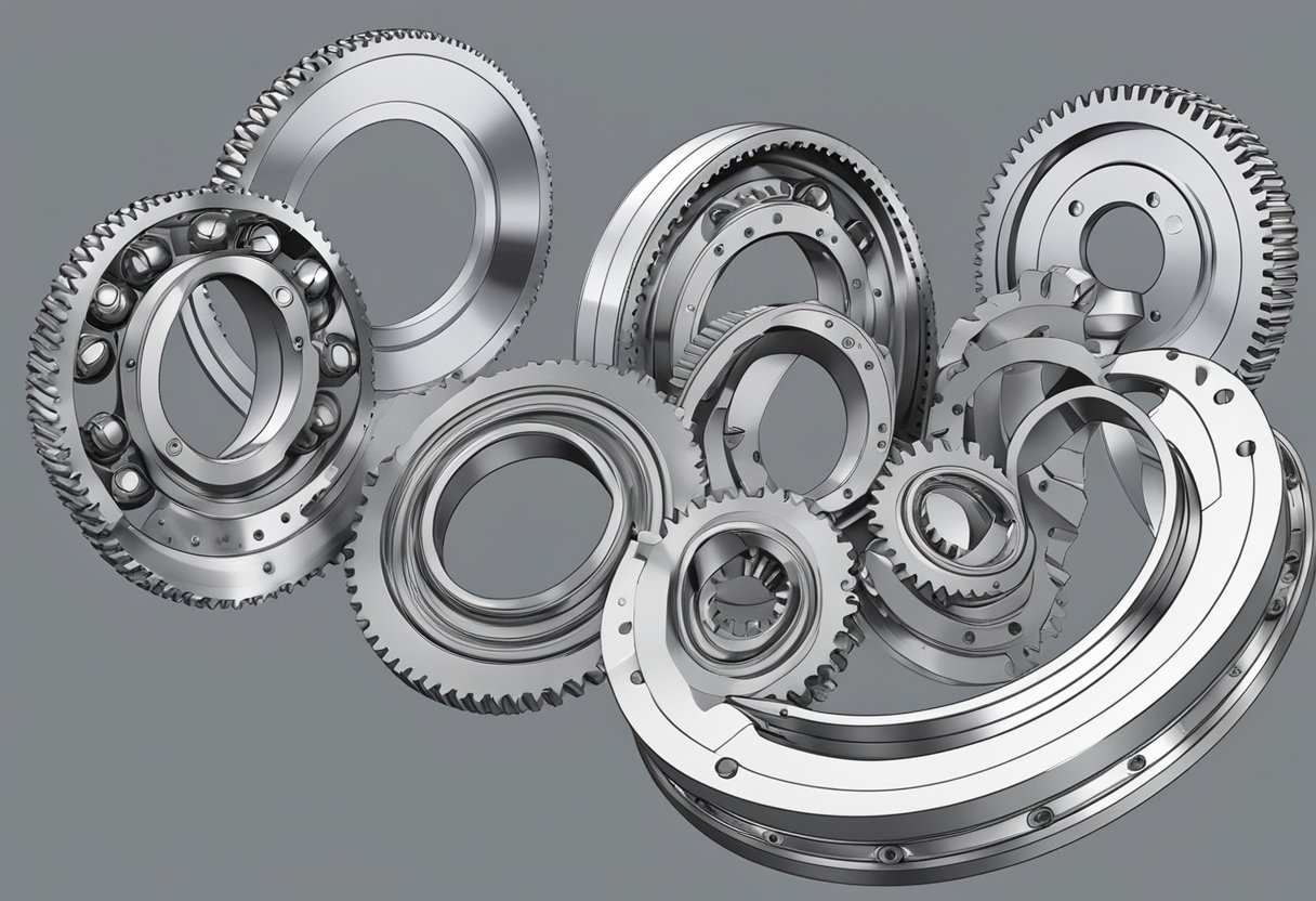 Slewing bearing rotates smoothly, transferring loads. Gears and lubrication visible. Inner and outer rings connected