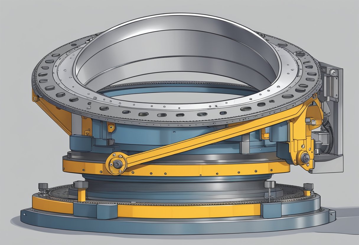 A large slewing ring bearing is being carefully installed onto a machinery base with precision and accuracy