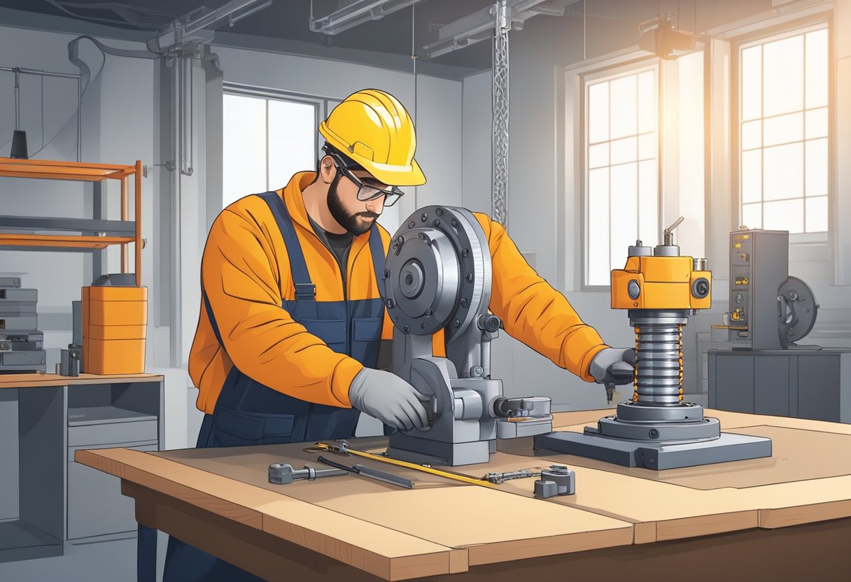 A technician wearing safety gear installs a slewing ring bearing using proper tools and equipment in a well-lit, organized work area