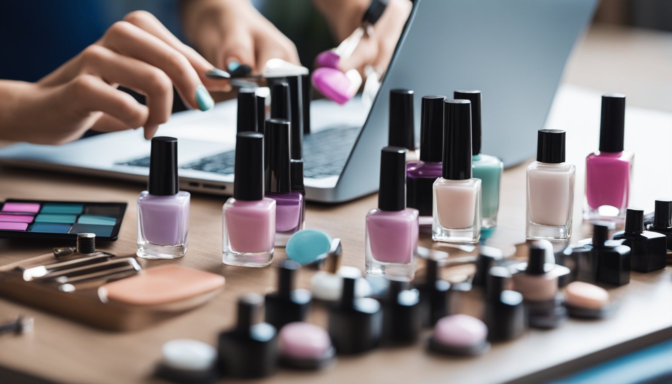 A table with nail polish bottles, nail art tools, and a laptop open to a blog page on nail care. A hand reaching for a brush or polish can be included