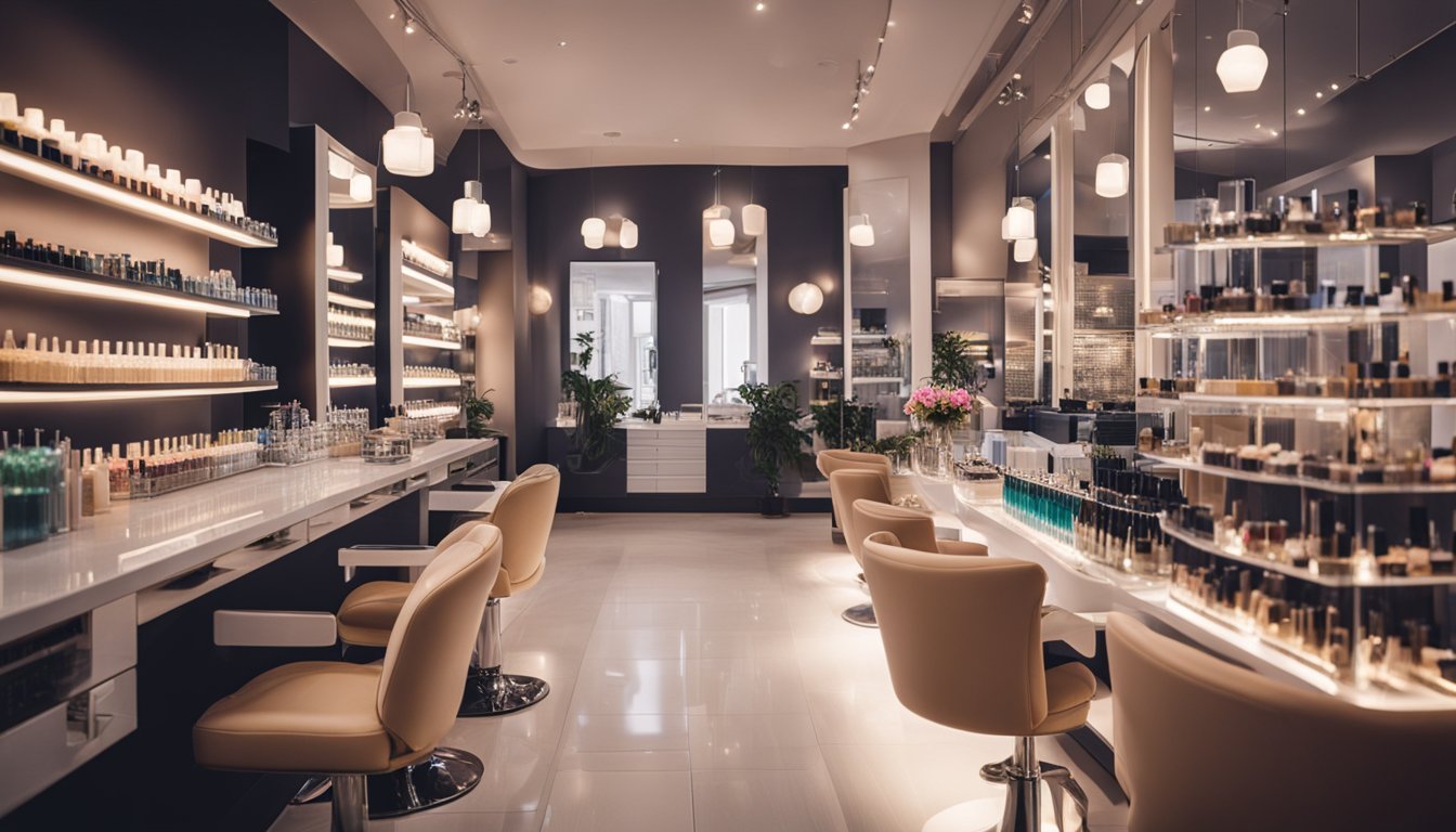 A cozy nail salon with vibrant polish bottles, elegant nail art displays, and a diverse range of customers enjoying manicures and pedicures