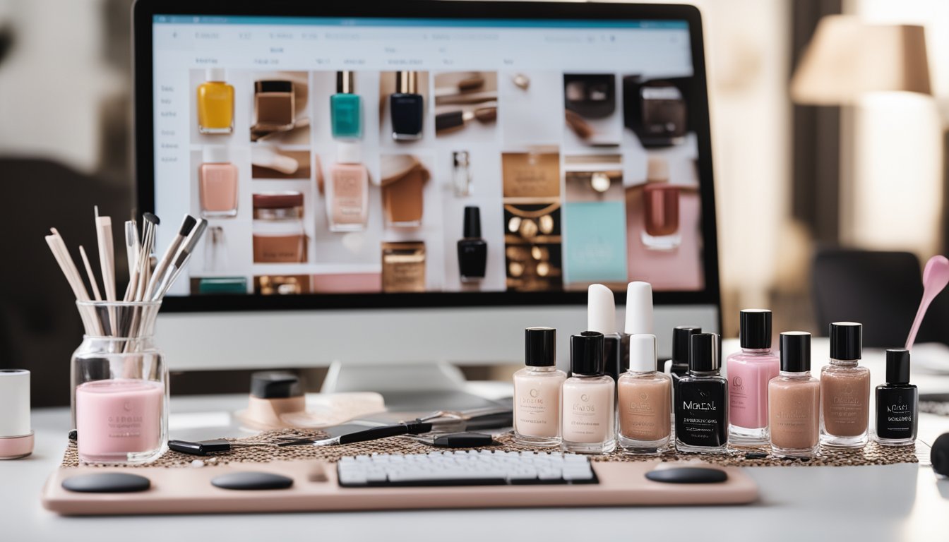 A neatly organized blog workspace with nail polish bottles, nail art tools, and a laptop displaying a manicure tutorial