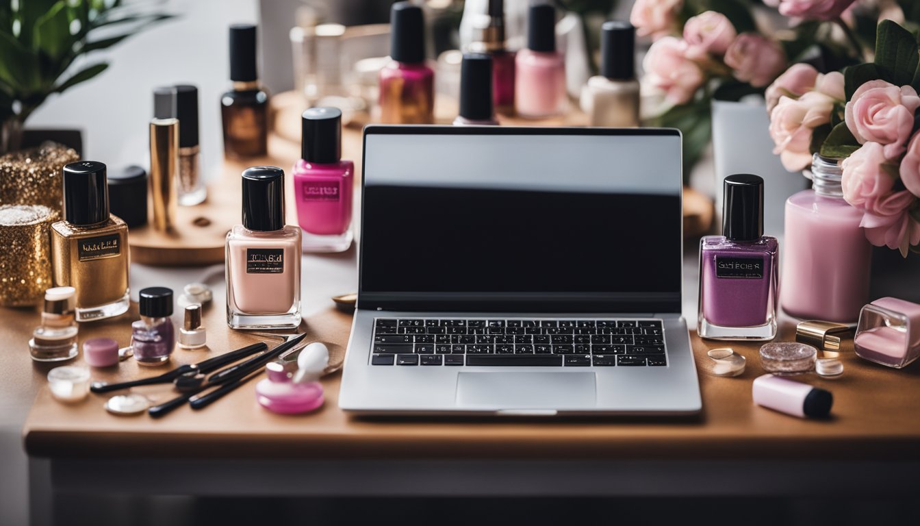 A table with nail polish bottles, nail art tools, and a laptop open to a blog page about nail care and manicure