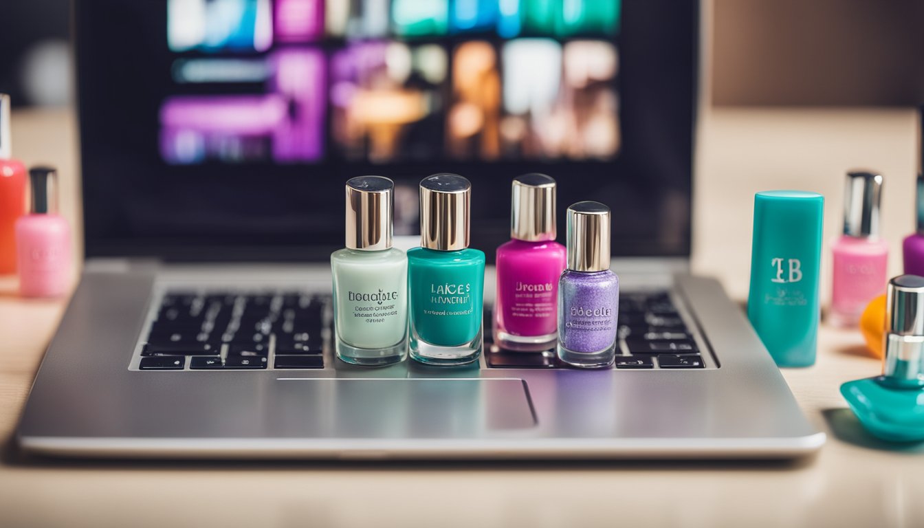 A table with colorful nail polish bottles, nail art tools, and a laptop displaying a blog about nail care and monetization strategies