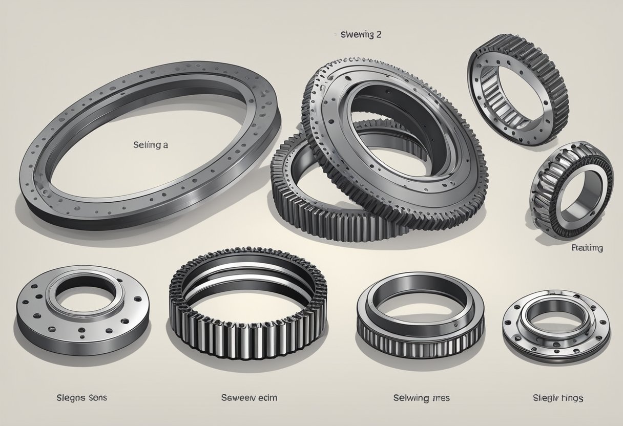 A variety of slewing rings in different sizes and designs, displayed on a table or shelf for reference and comparison