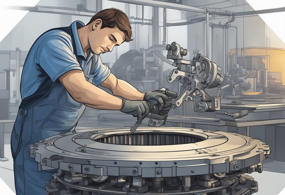 A technician disassembles a slewing ring, inspects for damage, replaces worn parts, and reassembles the unit with precision tools