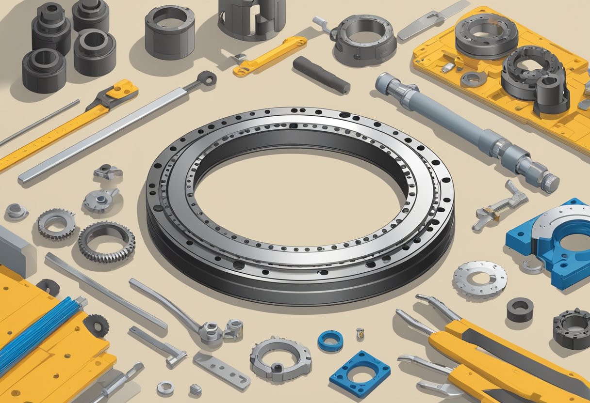 A circular slewing ring sits on a workbench, with various tools and parts scattered around. A repair manual is open next to it, showing detailed instructions