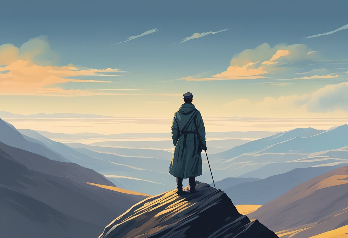 A lone figure stands atop a windswept mountain, gazing out at the vast expanse below