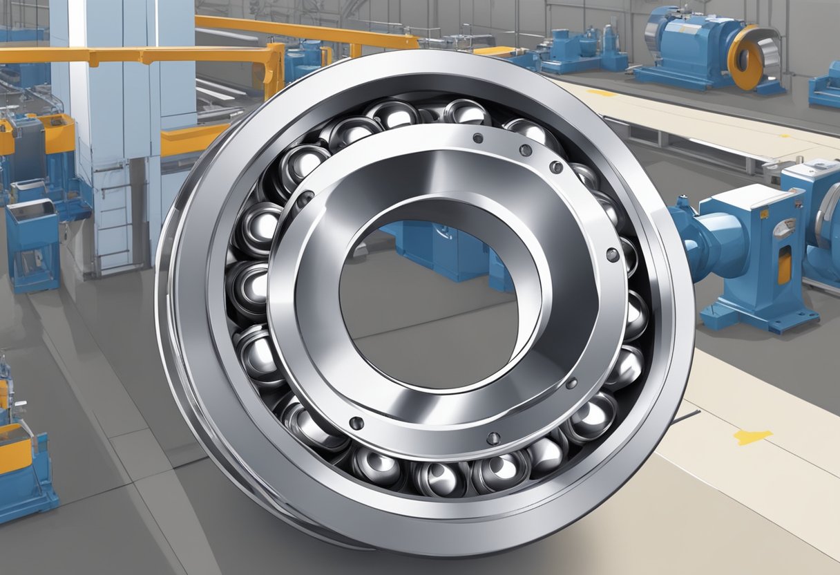 A stainless steel slewing bearing rotates smoothly, surrounded by industrial machinery