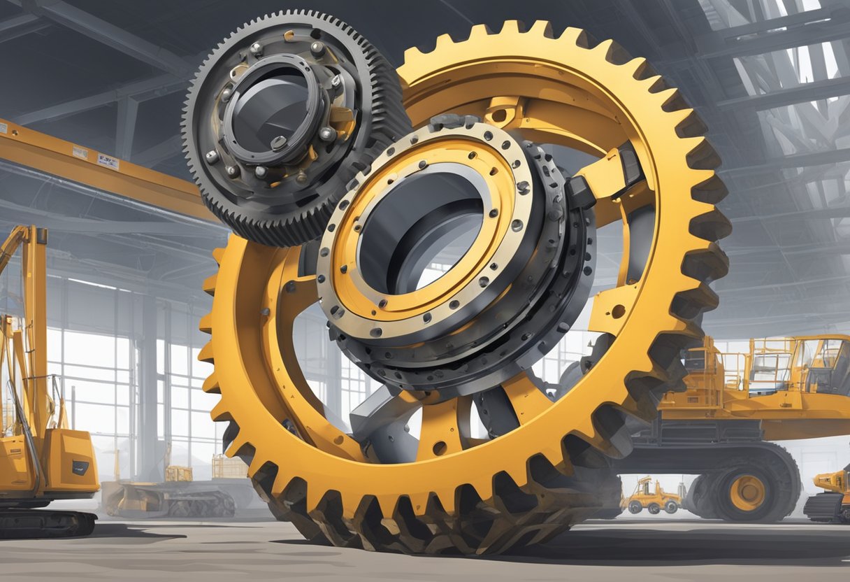 A large swing circle bearing is positioned at the center of a construction vehicle, surrounded by gears and hydraulic components