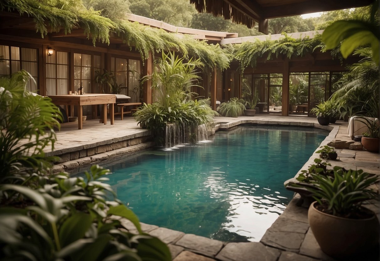 Lush greenery surrounds a serene spa with hot springs and mud baths. Aromatherapy scents fill the air as guests relax in luxurious outdoor pools