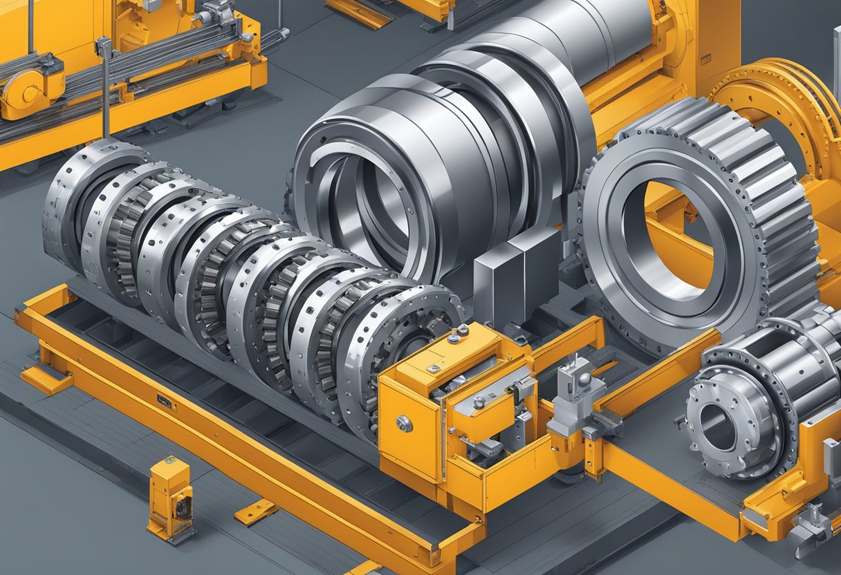 Three row roller slewing bearing in motion, surrounded by industrial machinery